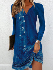 Floral Printed Long Sleeves Loose V-Neck Mini Dresses