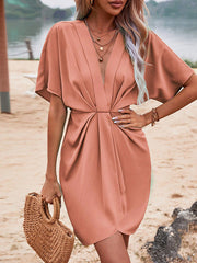 Loose Raglan Sleeve Pleated Solid Color Split-Joint Deep V-Neck Mini Dresses