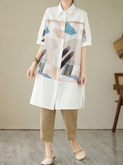 Printed Split-Joint Split-Side Loose Short Sleeves Lapel Midi Dresses