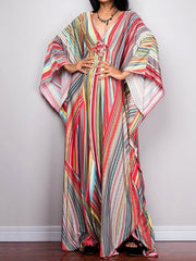 Batwing Sleeves Loose Printed Split-Joint Striped V-Neck Maxi Dresses