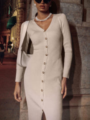 Fall Winter Long Sleeve Knitted Dress Button Slit Female Sweater Cardigan Dresses Slim Solid Elegant Office Lady ClothesChristmas Gifts