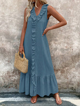 Pleated Ruffle Trim Solid Color A-Line Loose V-Neck Maxi Dresses