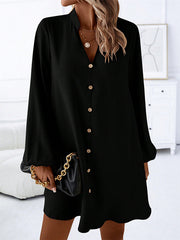 Buttoned Solid Color A-line Long Sleeves V-neck Mini Dresses