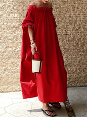 Half Sleeves Loose Elasticity Pleated Solid Color Off-The-Shoulder Maxi Dresses