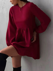 Elasticity Pleated Solid Color Split-Joint Loose Puff Sleeves Round-Neck Mini Dresses