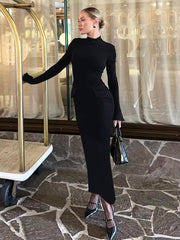 Half Turtleneck Long Sleeves Maxi Dress Fashion Office Lady Clothing Back Slit Gown Dress Female Solid Streetwear AutumnChristmas Gifts