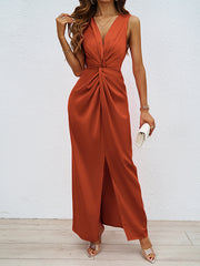 Elasticity Knot Solid Color Split-Front Split-Joint Zipper Bodycon High Waisted V-Neck Maxi Dresses
