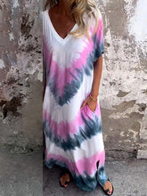 Contrast Color Pockets Tie-Dyed A-Line Loose V-Neck Maxi Dresses