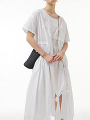 Solid Color Streamer Loose Short Sleeves Round-neck Midi Dresses