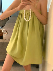 Pleated Solid Color Loose Sleeveless Spaghetti-Neck Slip Dress Mini Dresses