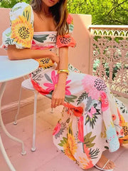 Flower Printed Puff Sleeves Long Sleeves Maxi Dresses