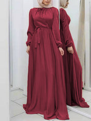 Pleated Solid Color Tied Waist Long Sleeves Loose Maxi Dresses