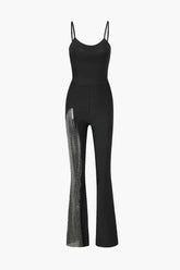 Mesh Panel Flared Leg Jumpsuit