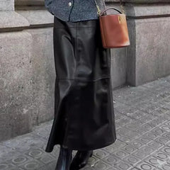 High Waist Straight Skirt Women's 2024 New Patchwork PU Leather Long Skirt Casual Solid High Street Party Club Skirt Y2k