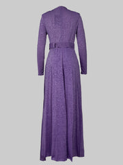 Long Sleeves Wrap Belted Pleated Solid Color Split-Side V-Neck Evening Dresses Maxi Dresses