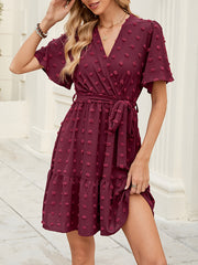 Jacquard Pleated Solid Color Tied Waist A-Line Flared Sleeves V-Neck Mini Dresses