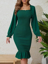 Bodycon Long Sleeves Elasticity Pleated Ruffle Trim Solid Color Square-Neck Midi Dresses
