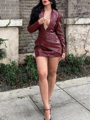 Leather Deep V -Neck Long Sleeve Pleated Asymmetric Mini Dresses