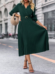 Belted Pleated Solid Color A-Line Long Sleeves Lapel Midi Dresses