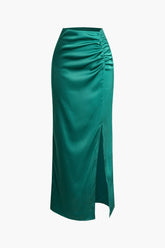 High Waisted Satin Ruched Split Maxi Skirt