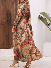 Elasticity Printed Loose Puff Sleeves V-Neck Maxi Dresses