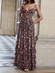 Flower Printed Ruffled Sleevless Spaghetti-Neck Split-Side Maxi Dresses