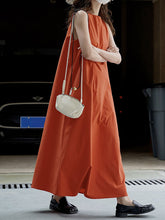 Solid Color Loose Sleeveless Round-Neck Midi Dresses