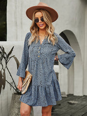 V-Neck Polka Dot Long Flare Sleeves Mini Dress
