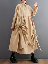 A-Line Long Sleeves Buttoned Pleated Pockets Solid Color Tied Lapel Midi Dresses Shirt Dress