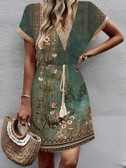 A-Line Loose Elasticity Flower Print Hollow Split-Joint Tasseled Tied Waist V-Neck Mini Dresses