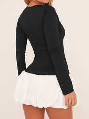 Contrast Color Pleated Split-Joint Long Sleeves Skinny Round-Neck Mini Dresses