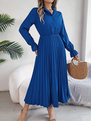 Buttoned Elasticity Pleated Solid Color A-Line Flared Sleeves Lapel Maxi Dresses