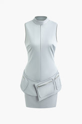 Mock Neck Pocket Detail Sleeveless Mini Dress