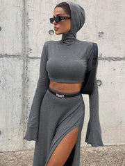 Loose Side Slit Skirt Two Piece Sets Womens Outfits 2024 Women Dress Sets Short Long Sleeve Hoodies And Skirts Suit Femme