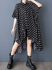 Asymmetric Buttoned Polka-Dot A-Line High-Low Lapel Shirt Dress Midi Dresses