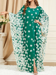 Batwing Sleeves Loose Flower Print Muslim Split-Front Round-Neck Maxi Dresses
