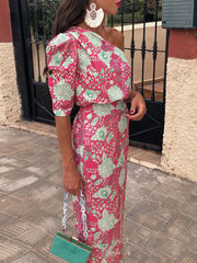Asymmetric Flower Print Half Sleeves Loose One-Shoulder Maxi Dresses