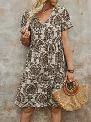 Buttoned Pleated Printed Split-Joint A-Line High Waisted V-Neck Mini Dresses