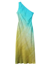 Gradient Color-Block Sleeveless Asymmetric Satin Maxi Dresses