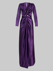 Solid Color Bodycon Long Sleeves Pleated Split-Front Tied Waist Deep V-Neck Maxi Dresses