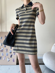 Original Plaid Knitting Lapel Collar Short Sleeves Mini Dress