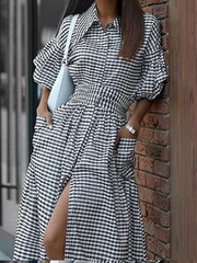 Loose Ruffle Sleeves Buttoned Plaid Pockets Lapel Maxi Dresses Shirt Dress