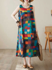 Contrast Color Multi-Colored Plaid Loose Sleeveless Round-Neck Midi Dresses