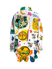 Falbala Printed Split-Joint Long Sleeves Loose Lapel Shirt Dress Mini Dresses