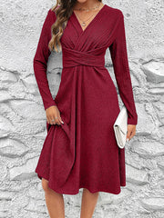 Long Sleeves Loose Pleated Solid Color Split-Joint V-Neck Midi Dresses