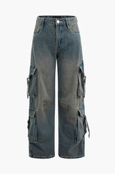 Retro Flap Pocket Straight Leg Cargo Jeans