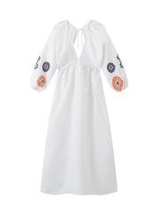 Flower Embroidery Loose Long Sleeves Casual Maxi Dresses