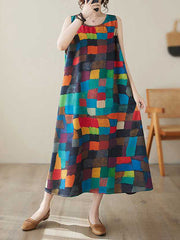 Loose Sleeveless Contrast Color Multi-Colored Plaid Round-Neck Midi Dresses