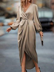 Loose Puff Sleeves Pleated Solid Color Split-Joint V-neck Midi Dresses