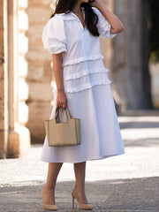 Pleated Ruffled Solid Color Split-Joint Loose Puff Sleeves Lapel Shirt Dress Midi Dresses